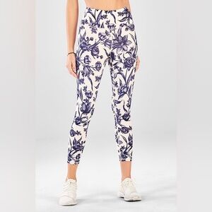 Women's High-Waist Floral Print Leggings - White & Navy